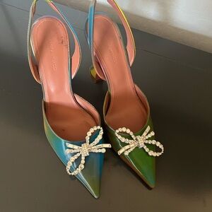 Amina Muaddi Green and Blue Pointed-Toe Slingback Heels with Crystal Bow
